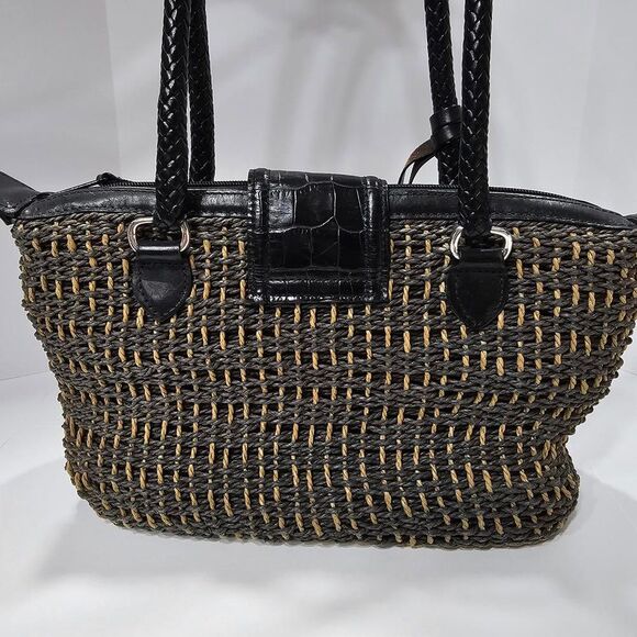 BRIGHTON WOVEN STRAW SATCHEL SHOULDER BAG, BLACK AND TAN - Picture 9 of 16
